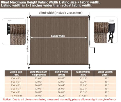 Cordless Sun Shades Outdoor Patio Roller Up Blinds for Porch 72" W x 96" H (Mocha / 72"W x 96"H)