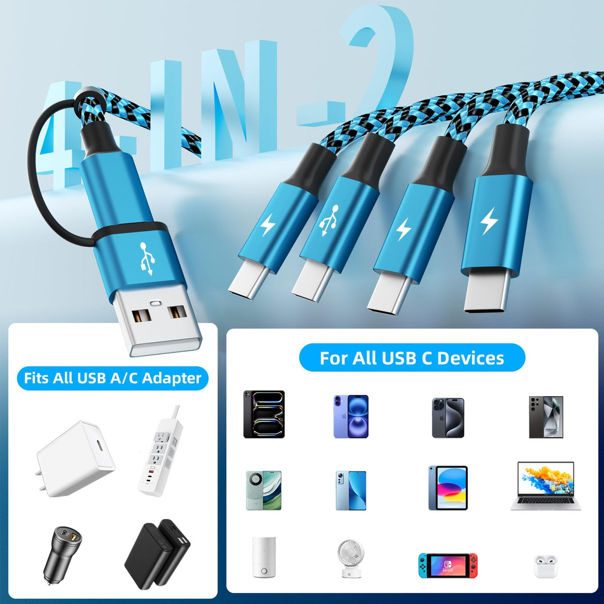 4 in 2 USB C Splitter Charging Cords (Sky Blue)