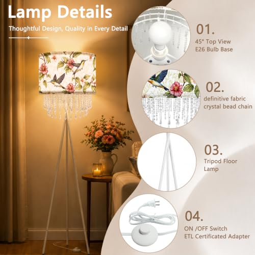 Smart Tripod Floor Lamp with Fabric Shade & Acrylic Droplets