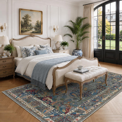 9x12 Large Area Rug Vintage Animals Floral Print Indoor Carpet (Dusty Blue/Multi / 9' x 12' (Rectangular))