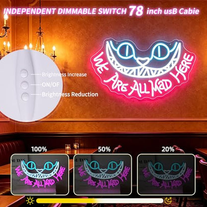 Cheshire Cat Neon Sign for Wall Decor Alice In Wonderland Neon Light We're All Mad Here LED Sings for Bedroom Man Cave Party Bar Background Decoration Birthday Gifts