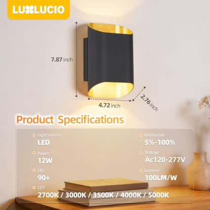 Black Up & Down Modern Indoor Outdoor LED Wall Sconce (Black&Gold / 1 pack)