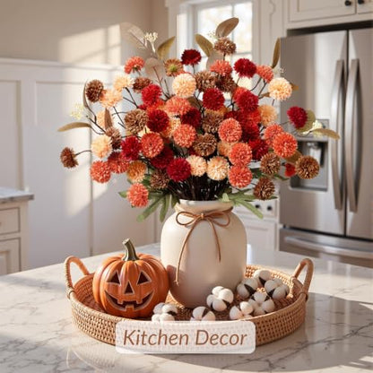 16 PCS Silk Mums Artificial Fall Flowers with Eucalyptus for Vase (Yellow Red Orange Brown)