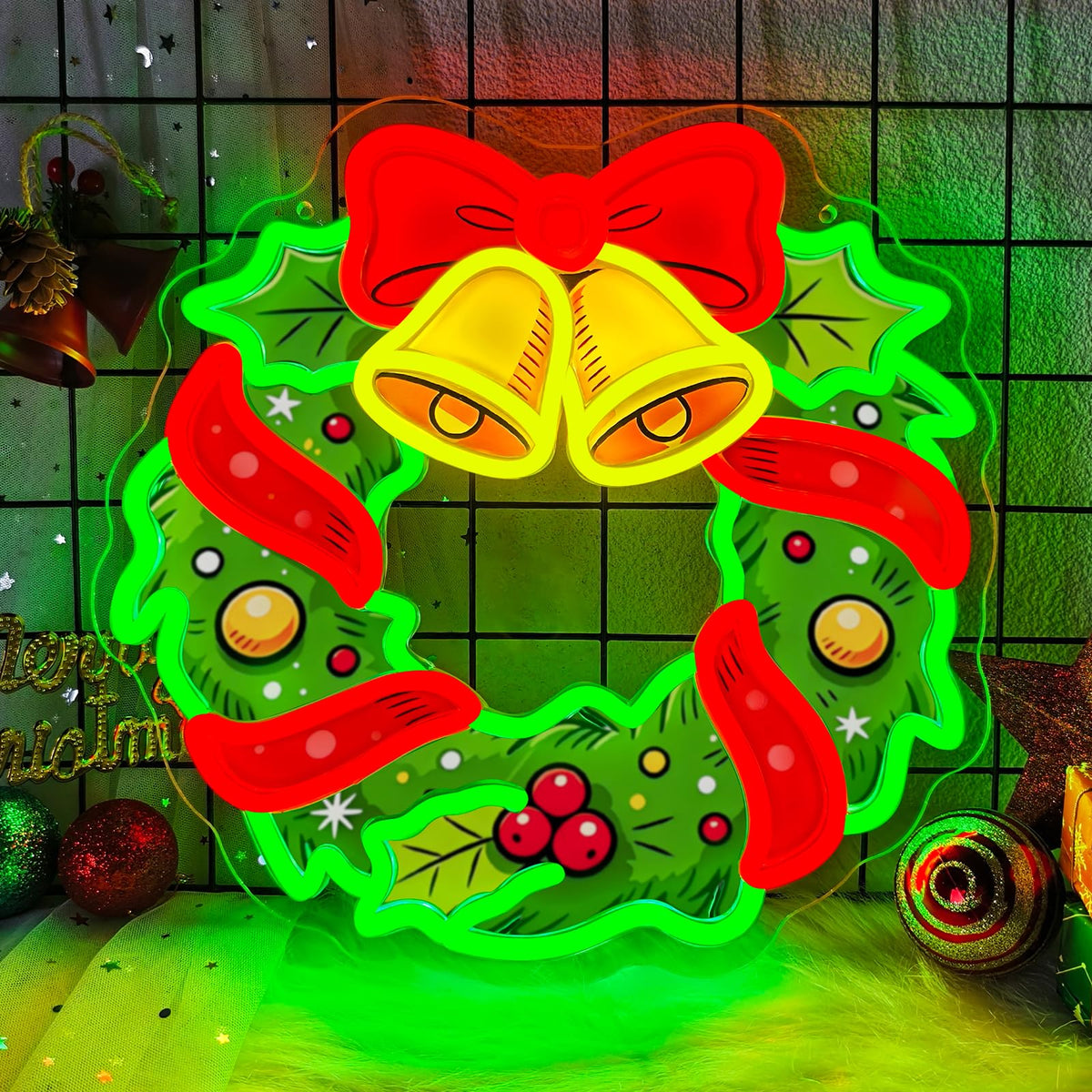 Christmas Wreath Neon Sign Dimmable Christmas Bell Bow LED Neon Light (SDHH)