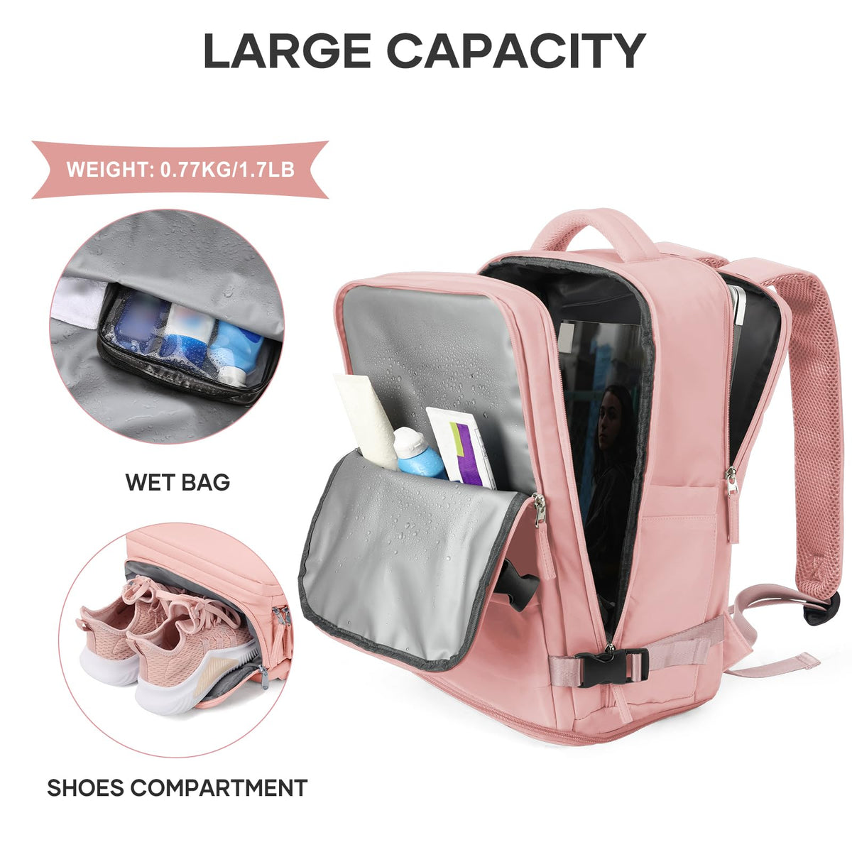 Large Travel Backpack For Women Men (Pink / 25 liters)