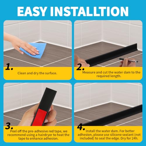 3.8'' High Shower Threshold Water Dam 39 Inch Collapsible Self Adhesive Shower Water Splash Guard Shower Water Blocker Wet and Dry Separation for Bathroom