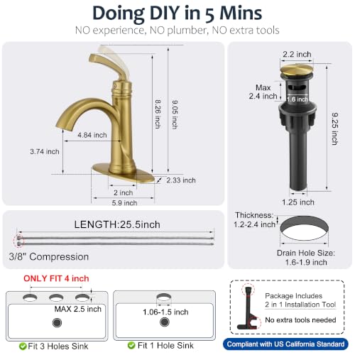 Bathroom Faucet 1 Hole or 3 Hole 4 Inch