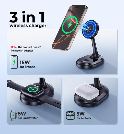 3 in 1 Magnetic Wireless Charging Station Devices 15W Fast Mag (Magnetic Single Pack Dark Black)