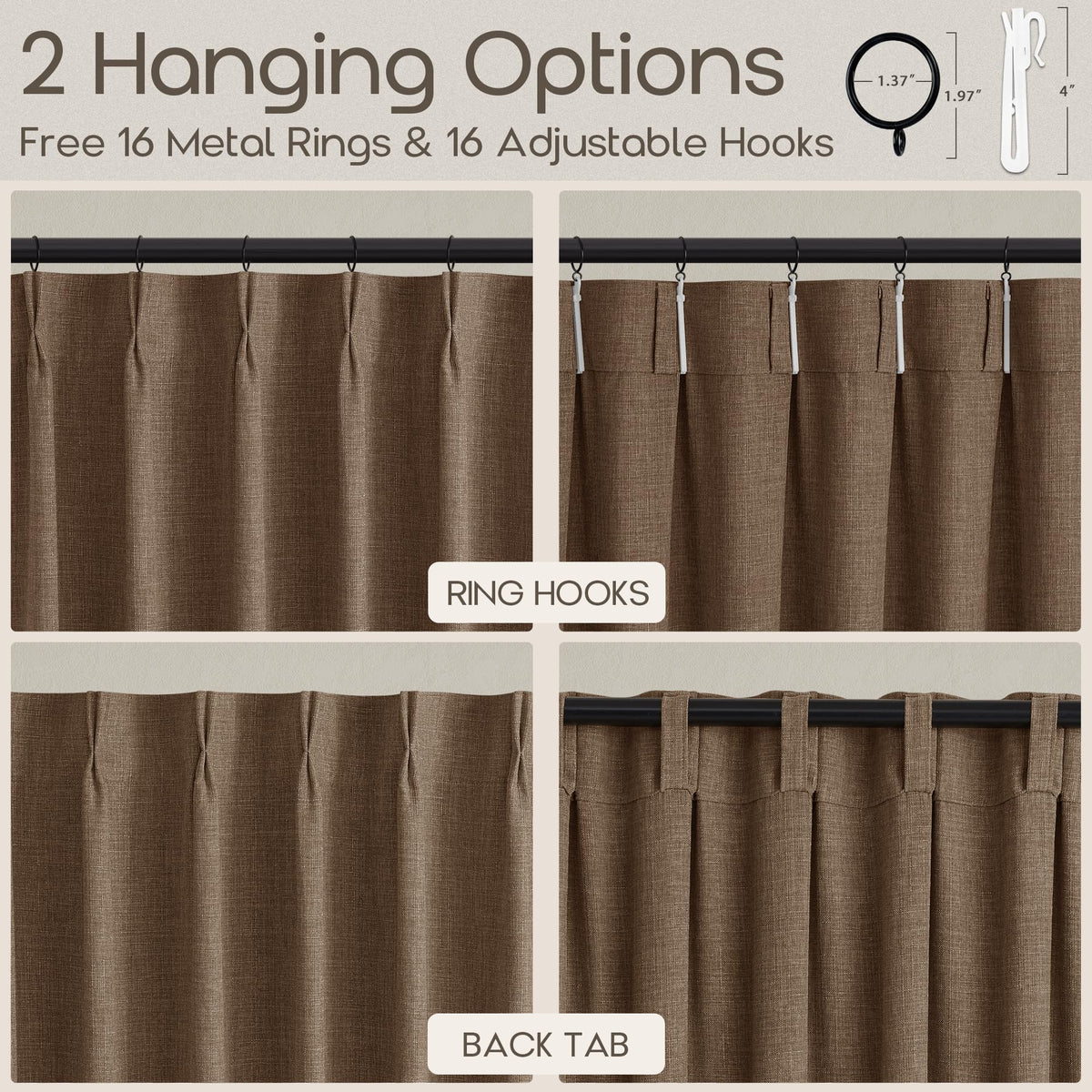 Rust Brown Pinch Pleat Light Filter Extra Long Curtains 120 Inches Length (Rust Brown / 40"W x 120"L (Pack of 2))