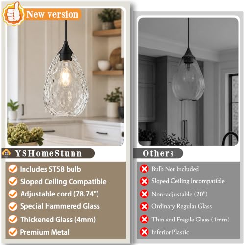 Glass Pendant Lights Kitchen Island 6" Pendant Light Fixtures Hammered Clear Glass Height Adjustable Modern Hanging Pendant Lights for Dining Room