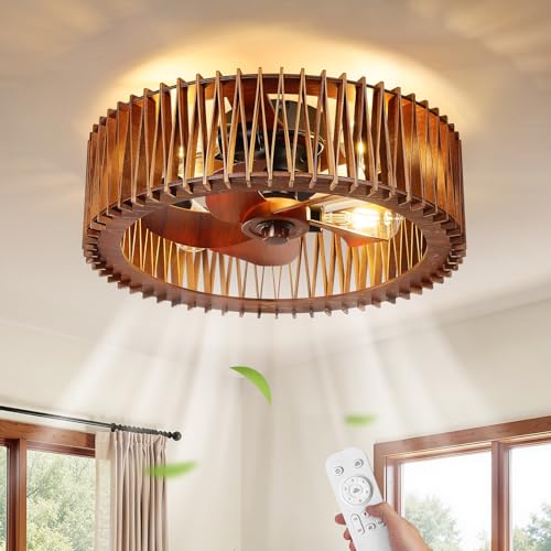 20" Wooden Flush Mount Caged Ceiling Fan with Light