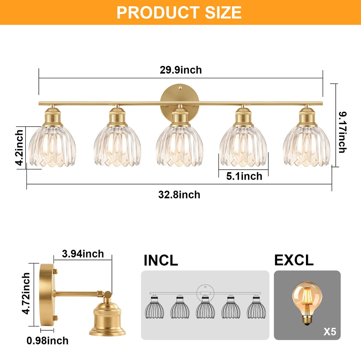 Bathroom Light Fixtures (30" Gold Base-Clear / 5-light)