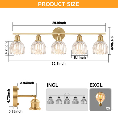 Bathroom Light Fixtures (30" Gold Base-Clear / 5-light)