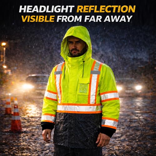 High Visibility Reflective Rain Jacket for Men (XX-Large-3X-Large / Yellow-black)