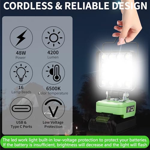 Cordless LED Work Light 48W 4200LM Flood Light with USB & Type