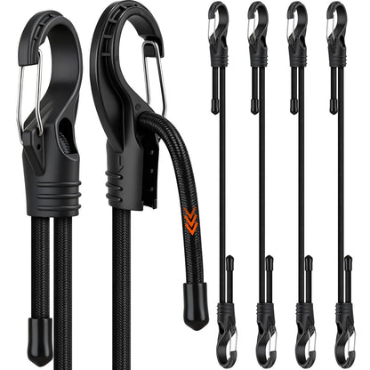 4-Piece 24-inch Adjustable Bungee Cords with Hooks, Easily Adjust from 7" to 24", Heavy Duty Outdoor Carabiner Bungee Cords, Black Super Elastic Cord for Cargo, Camping, Tents, Luggage (4pcs 24" Adjustable Black)