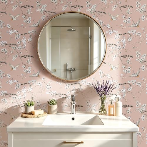 Pink Crane Wallpaper Peel and Stick Japanese Cherry Blossom Wallpaper Vintage Asian Bird Flying Crane Contact Paper Self Adhesive