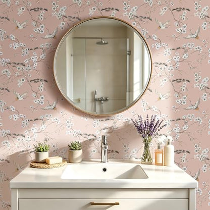 Pink Crane Wallpaper Peel and Stick Japanese Cherry Blossom Wallpaper Vintage Asian Bird Flying Crane Contact Paper Self Adhesive