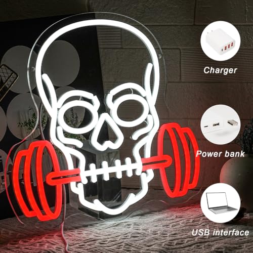 Skull Barbell Halloween Neon Sign for Wall Decor Halloween Neon Light Red Dumbbell LED Sign Fitness Neon Light Sign Gym Neon Light for Halloween Man Caves Bar Game Room Fitness Club Decoration (Dumbbell Skull)