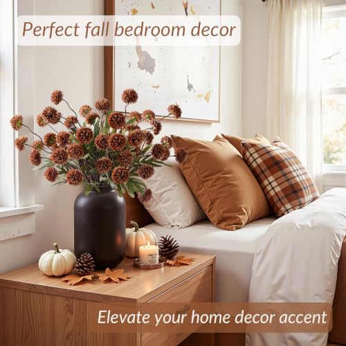 16 PCS Silk Mums Artificial Fall Flowers with Eucalyptus for Vase (Beige Brown)