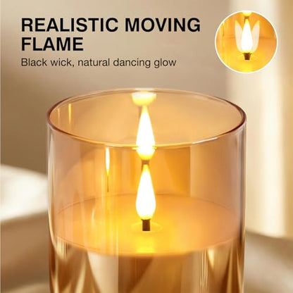 Moving Flame Glass Flameless Pillar Candles with Remote Set of 3