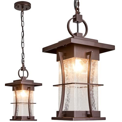 Outdoor Pendant Light Black Mission Style Hanging Lantern with Seeded Glass Waterproof Outdoor Ceiling Mount Light