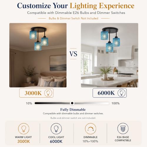 Modern Ceiling Light Fixture Black 3 Lights with Blue Glass Shade (3Light-Blue)