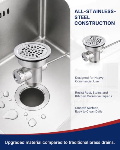 3-1/2" Commercial Sink Drain with Twist Handle, Brass Waste Drain Valve Stopper with Overflow Inlet, Anti-Clog & Leakproof for Restaurant 1/2/3 Compartment Sink