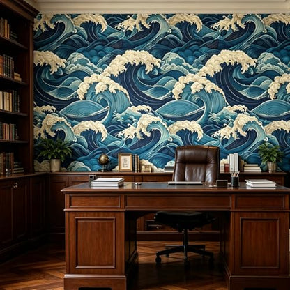 Vintage Coastal Wave Peel and Stick Wallpaper Navy Blue Cream Seamless Ocean Oriental Removable Waterproof Contact Paper for Accent Wall Bathroom Bedroom Nursery Kids Room Home Décor