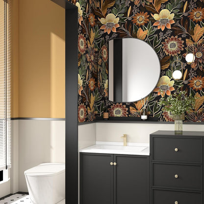 Boho Black Gold Floral Vintage Peel and Stick Wallpaper 17.4"x78.8" (Black/Brown / 17.4" x 78.8")