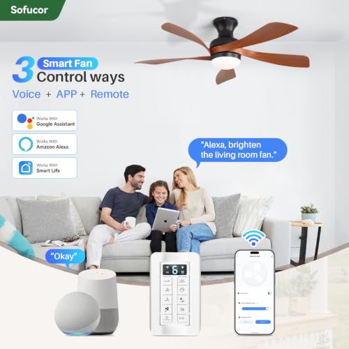 52 Inch Smart Ceiling Fans with Lights and Remote (Black+Brown / 52inch Max)