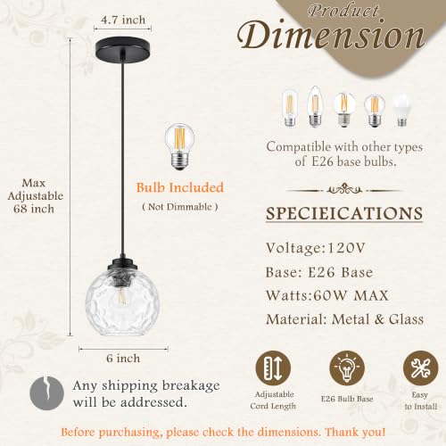6" Modern Pendant Lights Kitchen Island Black Mid Century Modern Pendant Light Fixtures with Clear Glass Globe 2 Pack Modern Hanging Pendant Light for Bathroom Dining Room （Bulb Incl.） (Black & Hammered Glass / 6 Inch)