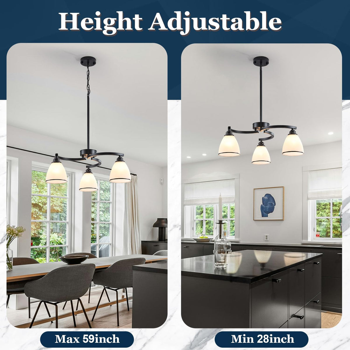 3 Lights Modern Chandelier Light Fixture Matte Black Retractable Round Chandelier Rustic Hanging Lamp Adjustable 59" Max Pendant Ceiling Light for Kitchen Island Dining Room Table Hallway (black-a / small-3 light)