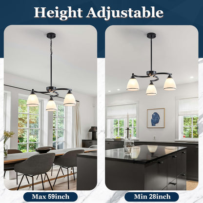 3 Lights Modern Chandelier Light Fixture Matte Black Retractable Round Chandelier Rustic Hanging Lamp Adjustable 59" Max Pendant Ceiling Light for Kitchen Island Dining Room Table Hallway (black-a / small-3 light)