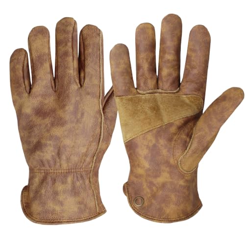 Premium Brown Retro Cowhide Leather Work Gloves Tie