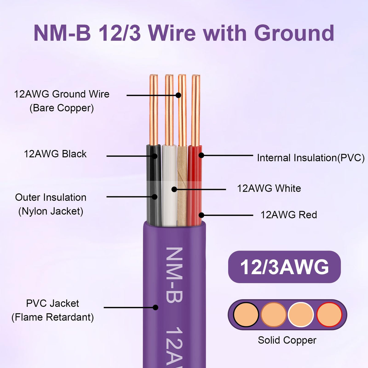 12/3 NM-B with Ground, Solid Indoor Electrical Wire, 100 FT, Purple (Purple / 12AWG/3 100FT)