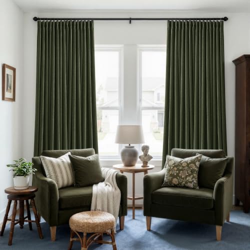 Olive Green Pleated Linen Blackout 96 Inch Curtains for Bedroom Living Room (Loden / 50"W x 96"L (Pack of 2))