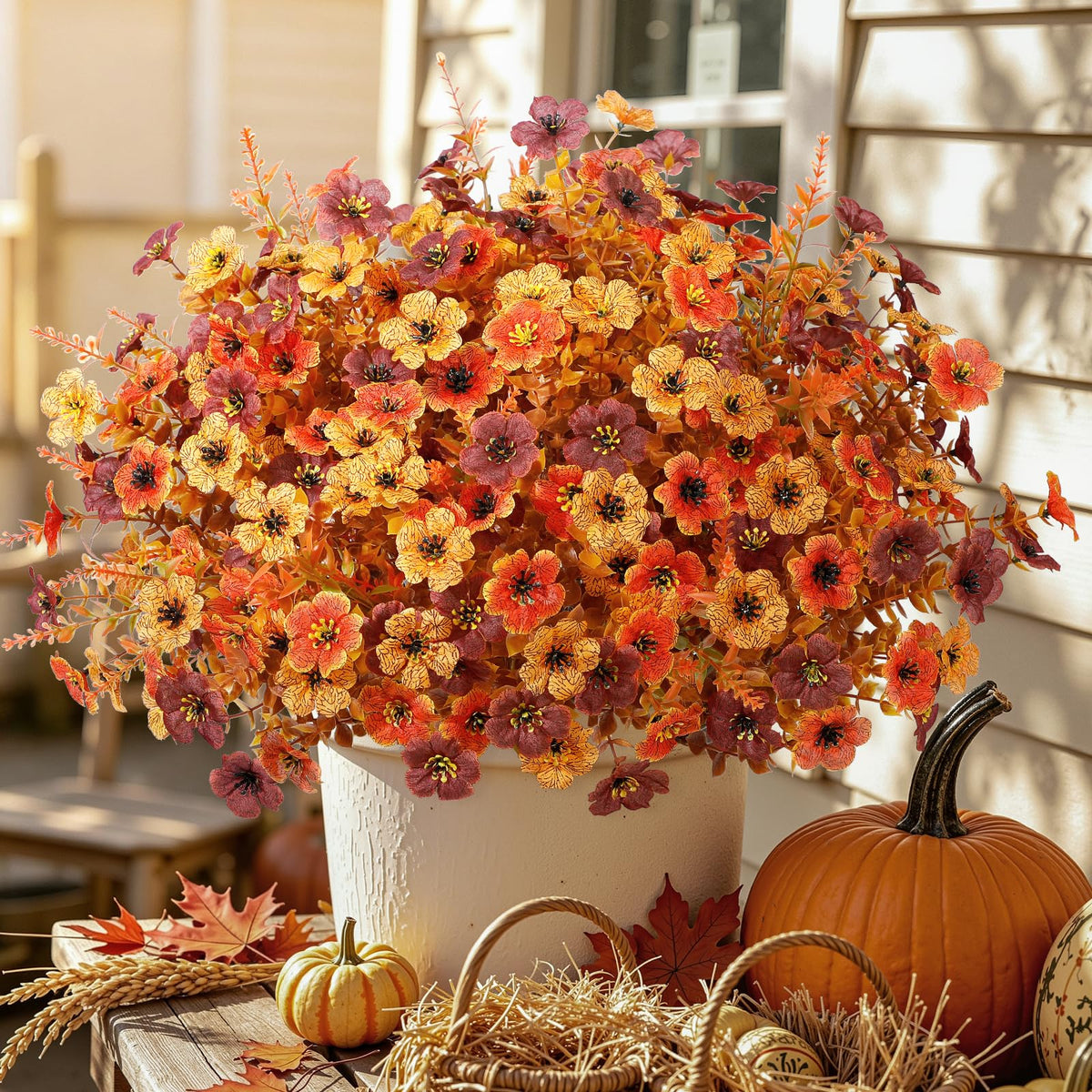 96Pcs Artificial Fall Flowers UV Resistant Fake Mums for Outdoors (Orange Yellow Brown)