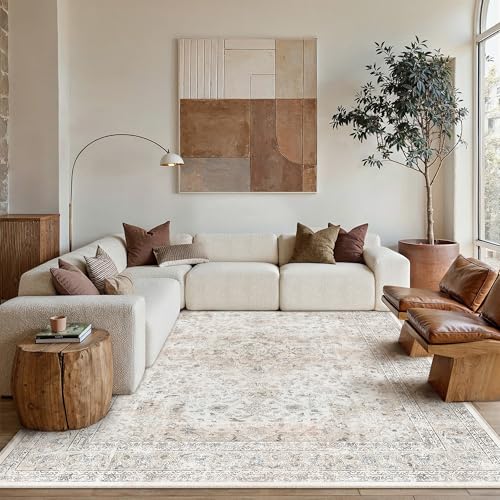 9x12 Washable Area Rug Beige Grey Non Slip Vintage Carpet (Vintage | Beige Multi / 9' x 12' (Rectangular))