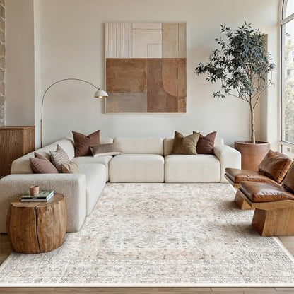 9x12 Washable Area Rug Beige Grey Non Slip Vintage Carpet (Vintage | Beige Multi / 9' x 12' (Rectangular))