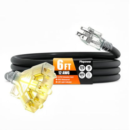 100FT 12 AWG Outdoor Extension Cord with Multiple Outlets Waterproof Black