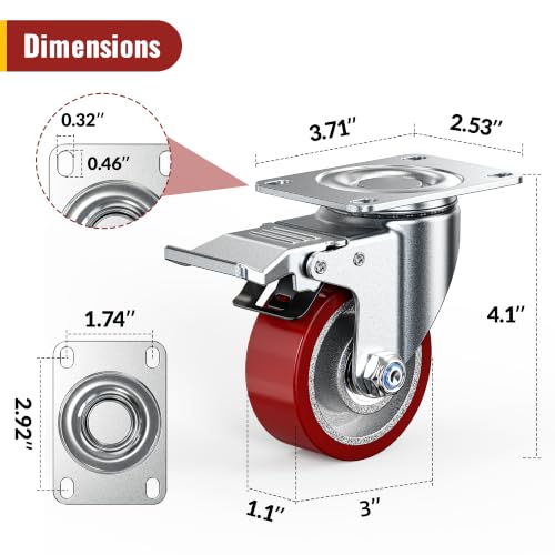 Heavy Duty Casters 2 Swivel with Brakes & 2 Rigid for Carts