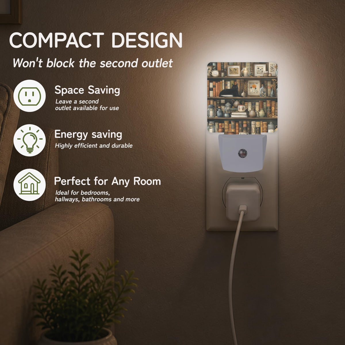 Night Light Vintage Bookshelf Cat Night Lights Plug into Wall for Bedroom Bathroom Hallway Kitchen (Vintage Bookshelf Cat)