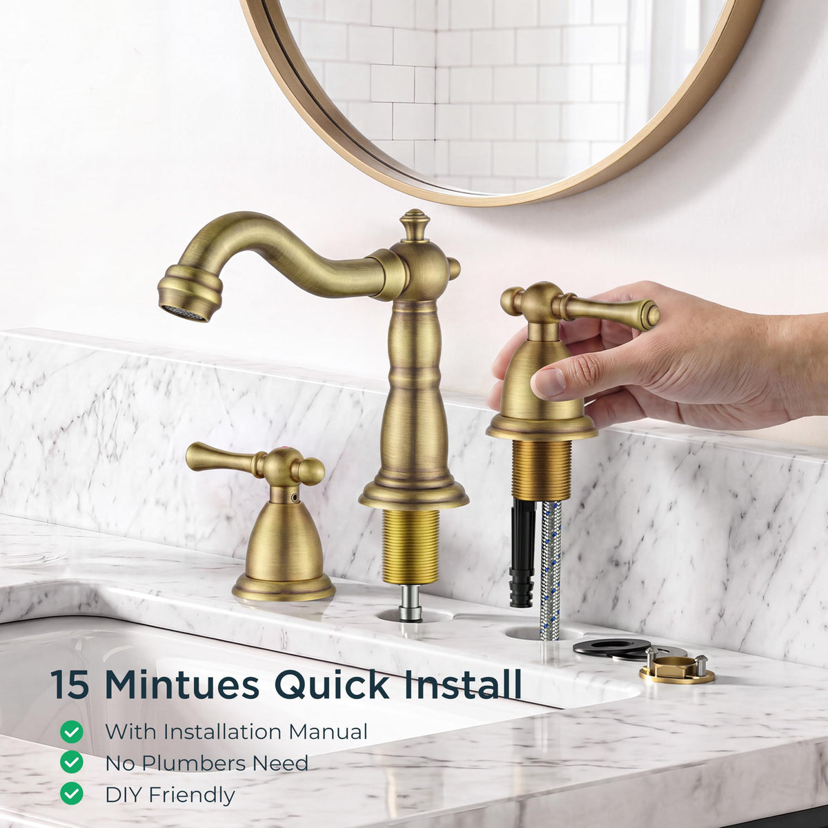 Bathroom Sink Faucet 3 Hole Vintage 8 inch Widespread Antique Brass (Antique Brass)