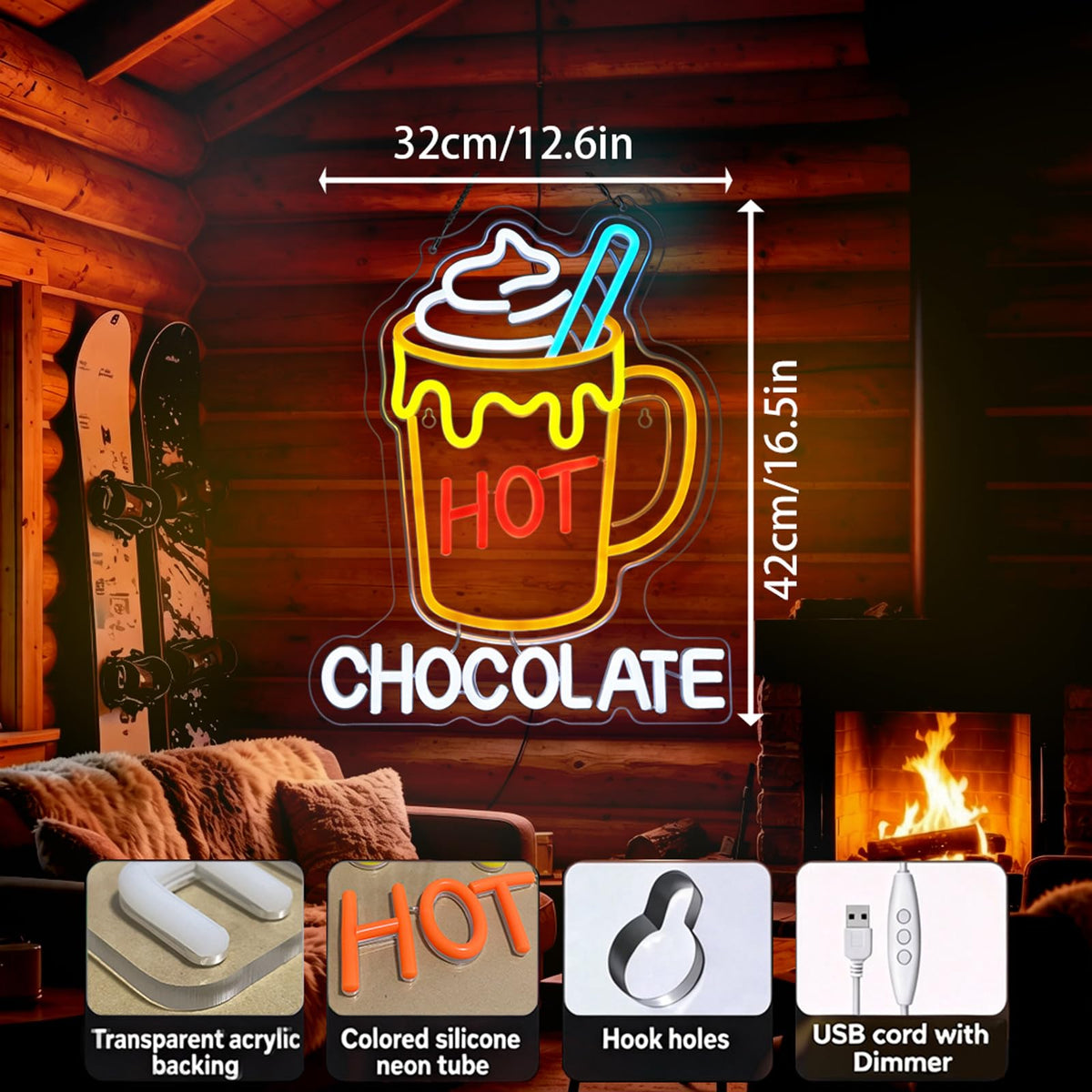 Hot Chocolate Neon Sign (Golden Yellow,Pure White,Orange Red)