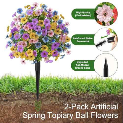 2Pcs 20" Artificial Topiary Ball Flowers for Outdoors Decoration (Purple Pink Blue Yellow)