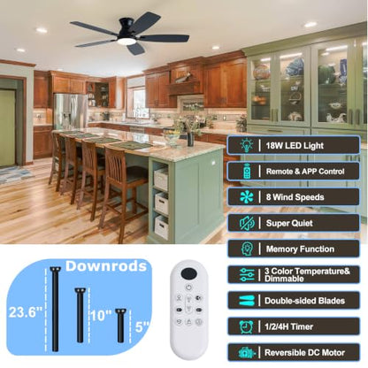 52 Inch Flush Mount Ceiling Fan with Display Remote (Black SY66-52IN)