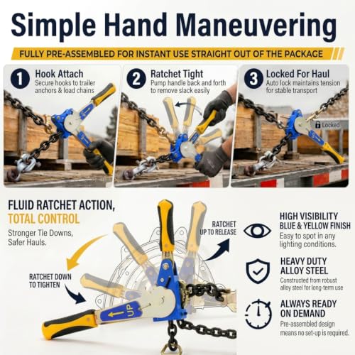4 Pack 5/16"-3/8" EZ Ratchet Chain Binder with G70 Grab Hooks, Ratchet Load Binder Kit, 5400 lbs WLL Heavy Duty Cargo Tie Down for Flatbed Trailers & Trucks (5/16" - 3/8"(4 Pack))