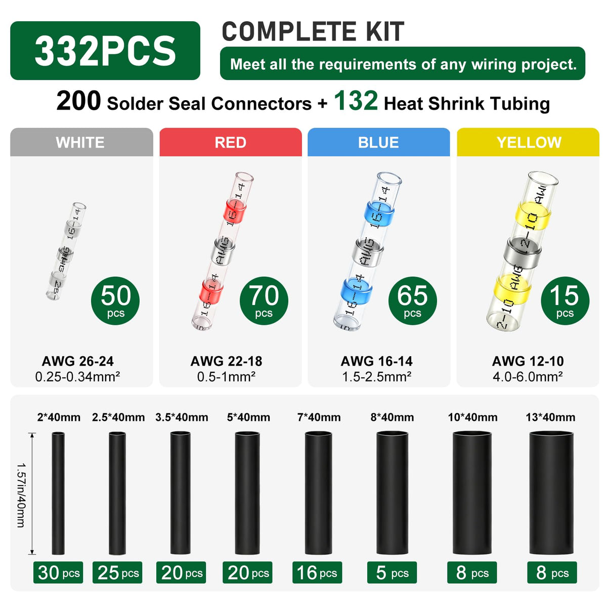 332PCS Solder Seal Wire Connectors Heat Shrink Butt Kit 26 (332PCS)