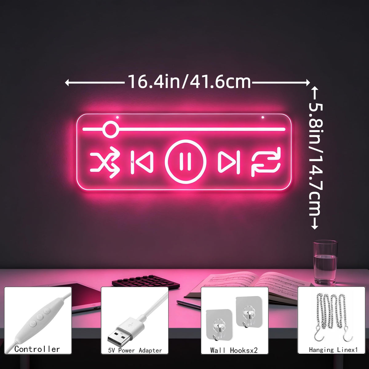 Music Player Neon Sign Bedroom Studio Bar Record Store Decor‑16.4"x5.8" (Media Player Full)